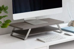 Realspace® Orix Wood/Metal Monitor Stand With Shelf, 5"H x 21-1/2"W x 10"D, Gray/Nickel
