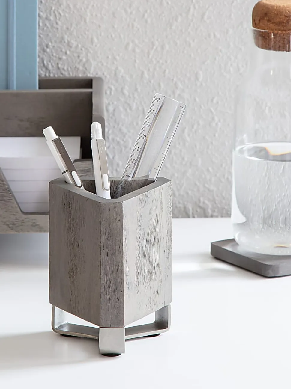 Realspace® Orix Wood/Metal Pen Cup, 4-3/4"H x 3-1/4"W x 3-1/4"D, Gray/Nickel