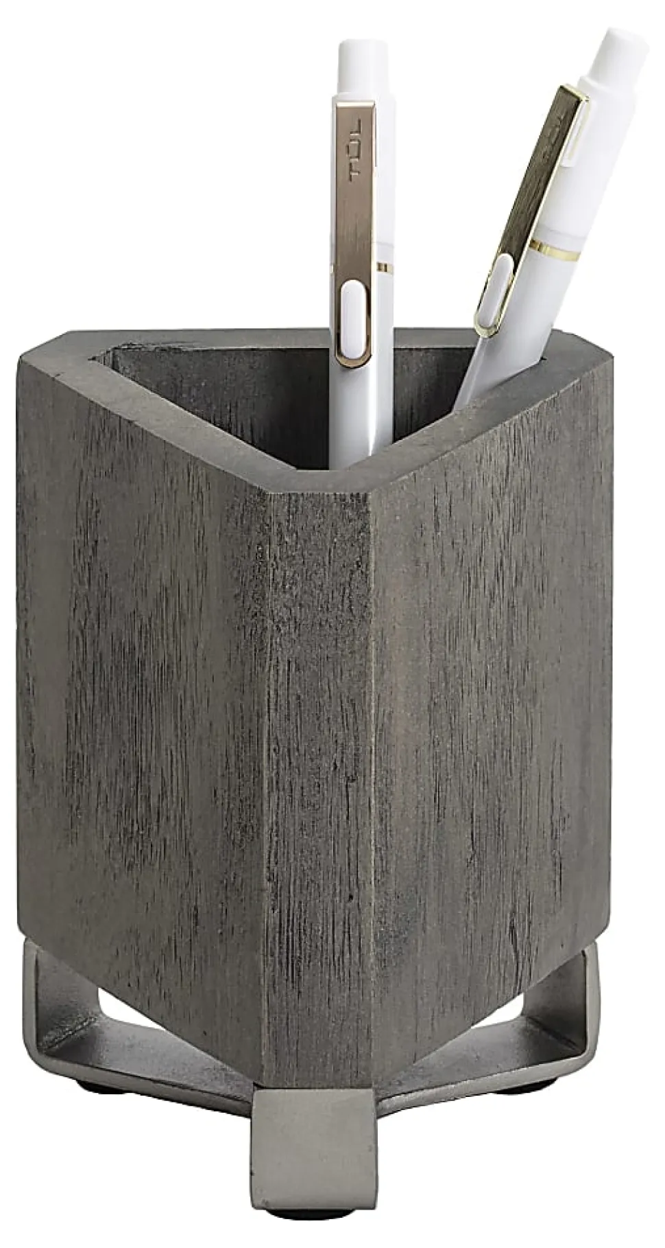 Realspace® Orix Wood/Metal Pen Cup, 4-3/4"H x 3-1/4"W x 3-1/4"D, Gray/Nickel