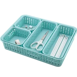 Realspace® Plastic Weave Bin Set, Assorted Sizes, Blue, Pack Of 5