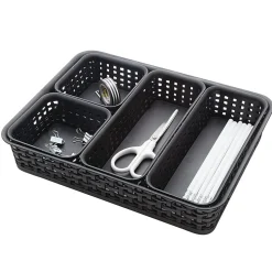 Realspace® Plastic Weave Bin Set, Assorted Sizes, Black, Pack Of 5