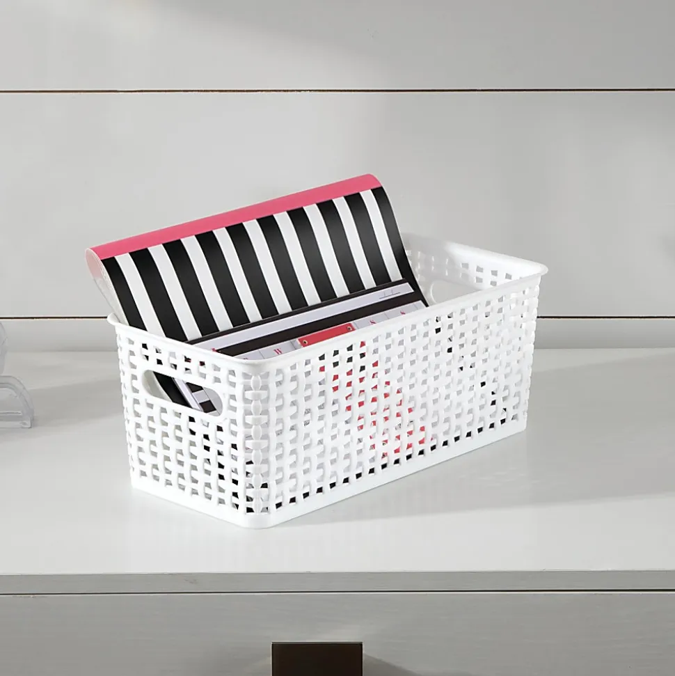 Realspace® Plastic Weave Bookshelf Bin, Small Size, White