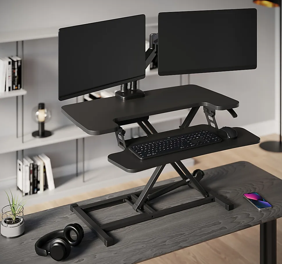 Realspace® P10 Pneumatic Standing Desk Riser Converter With Keyboard Tray, 20"H x 31-1/2"W x 25"D, Black