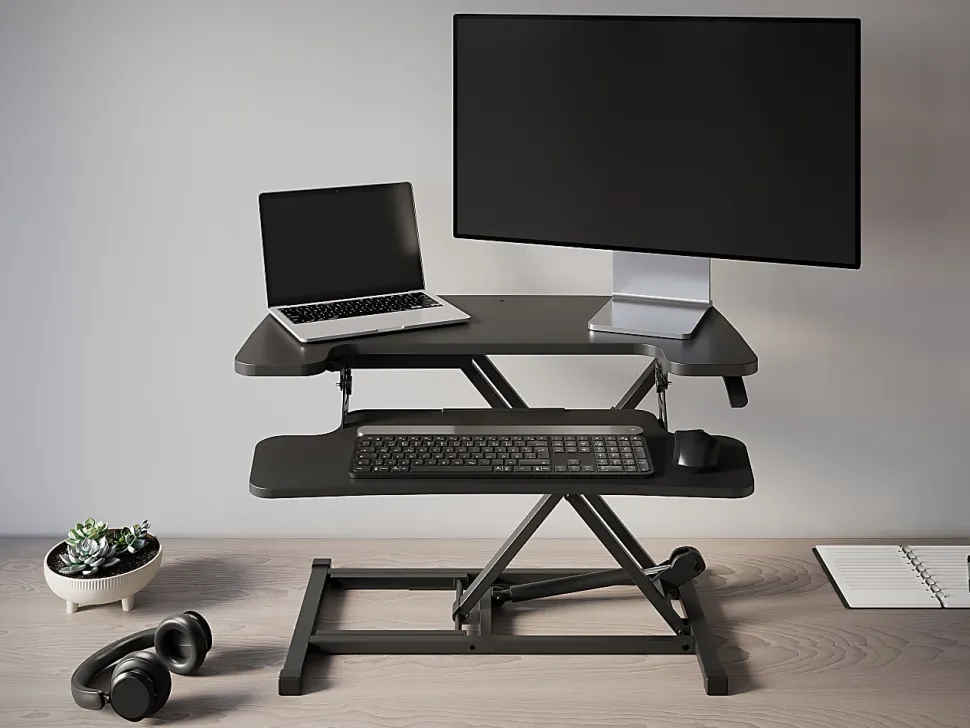 Realspace® P10 Pneumatic Standing Desk Riser Converter With Keyboard Tray, 20"H x 31-1/2"W x 25"D, Black