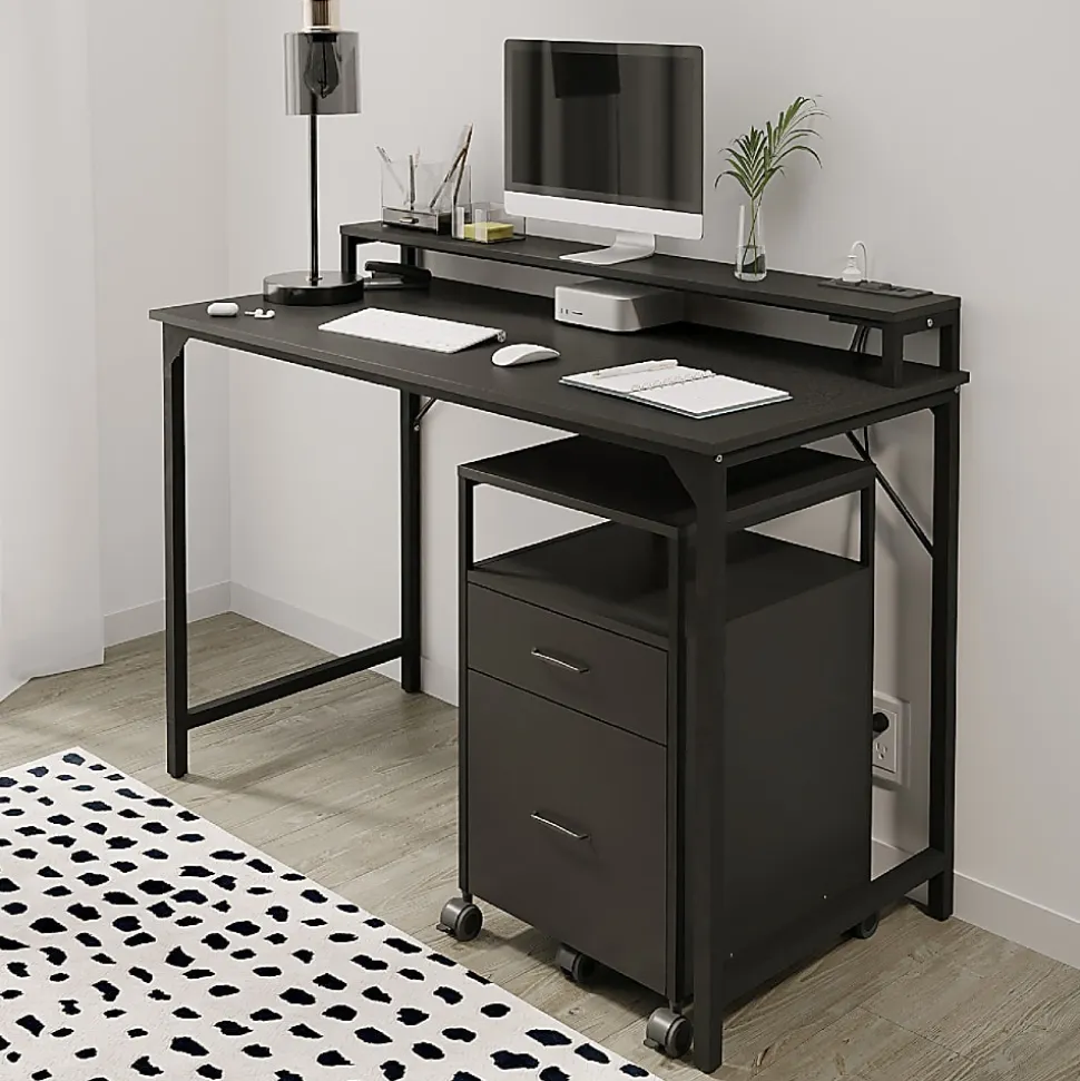 Realspace® Rezio 47” Computer Desk with Hutch and Integrated Power, Black, BIFMA Compliant