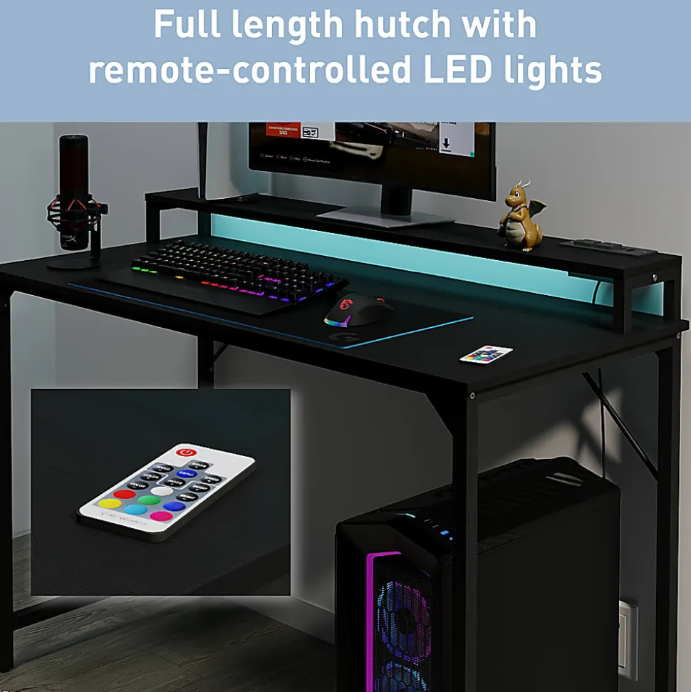 Realspace® Rezio 47” Computer Desk with Hutch and Integrated Power, Black, BIFMA Compliant