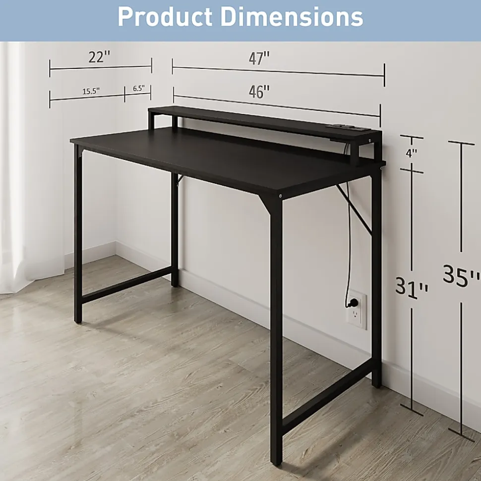 Realspace® Rezio 47” Computer Desk with Hutch and Integrated Power, Black, BIFMA Compliant
