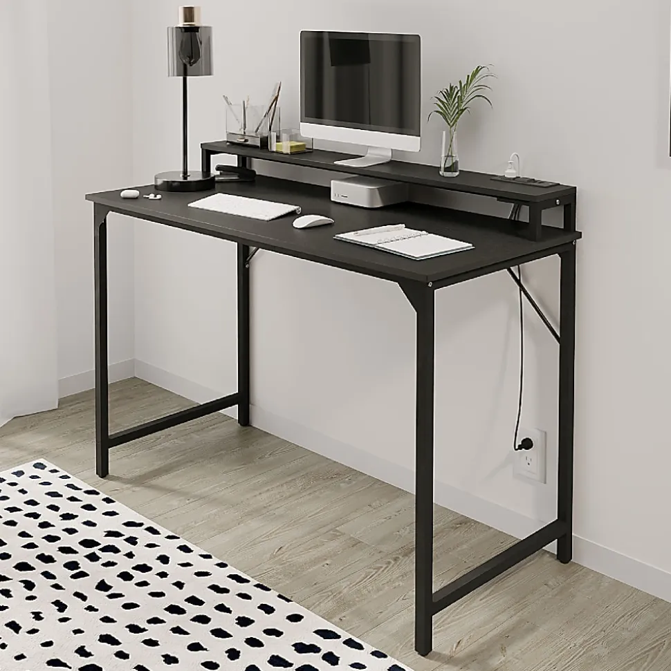 Realspace® Rezio 47” Computer Desk with Hutch and Integrated Power, Black, BIFMA Compliant