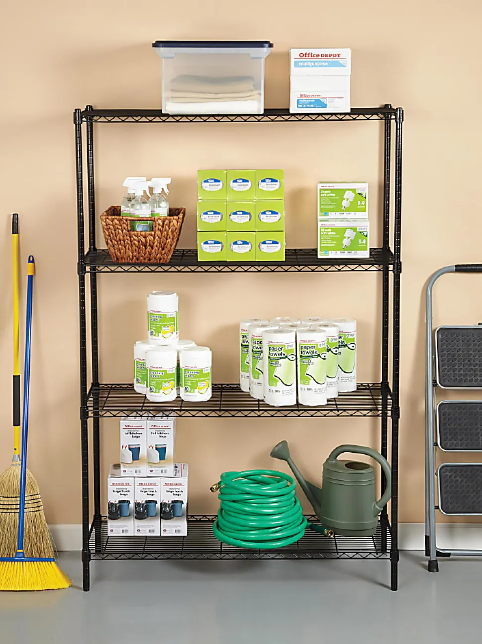 Realspace® Steel Wire Shelving, 4-Shelves, 72"H x 48"W x 18"D, Black
