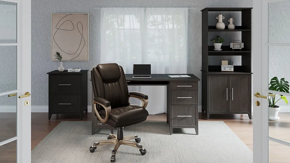 Realspace® Treswell Bonded Leather High-Back Executive Office Chair, Brown/Champagne, BIFMA Compliant