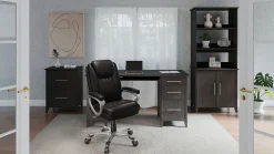 Realspace® Treswell Bonded Leather High-Back Executive Office Chair, Black/Silver, BIFMA Compliant