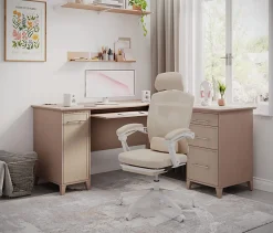 Realspace® Vallori Mesh/Fabric High-Back Chair With Retractable Footrest, Cream/White, BIFMA Compliant