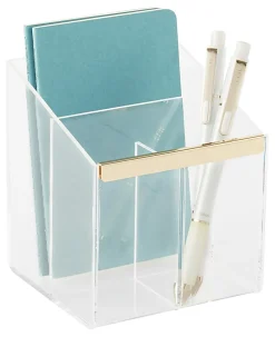 Realspace® Vayla Acrylic 3-Compartment Pen Holder, 4-7/8”H x 4”W x 4-1/8”D, Clear/Gold