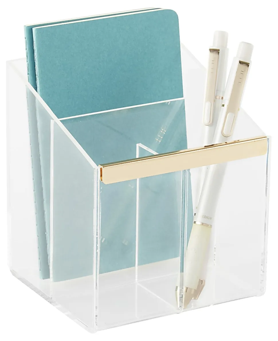 Realspace® Vayla Acrylic 3-Compartment Pen Holder, 4-7/8”H x 4”W x 4-1/8”D, Clear/Gold