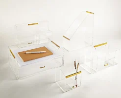 Realspace® Vayla Acrylic Desktop Caddy With Handle, 6”H x 9-7/8”W x 4-3/4”D, Clear/Gold