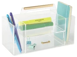 Realspace® Vayla Acrylic Desktop Caddy With Handle, 6”H x 9-7/8”W x 4-3/4”D, Clear/Gold