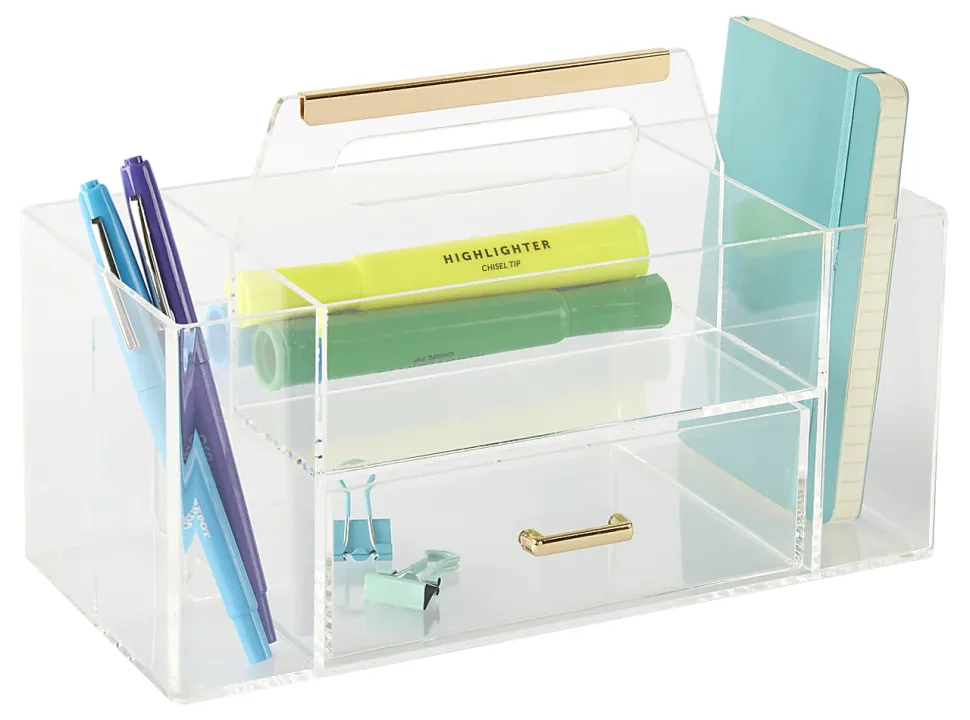 Realspace® Vayla Acrylic Desktop Caddy With Handle, 6”H x 9-7/8”W x 4-3/4”D, Clear/Gold