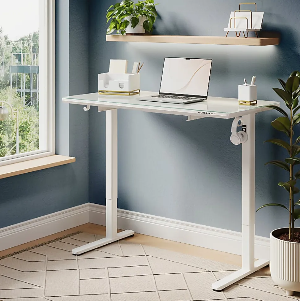 Realspace® 48”W Glass-Top Electric Height-Adjustable Standing Desk, White