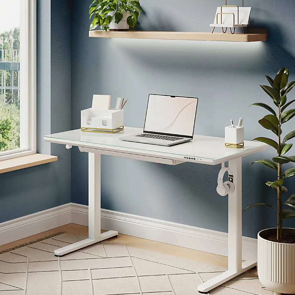 Realspace® 48”W Glass-Top Electric Height-Adjustable Standing Desk, White