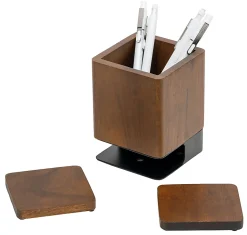 Realspace® Wood/Metal Pen Cup With Coasters, 5-1/4