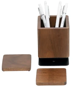 Realspace® Wood/Metal Pen Cup With Coasters, 5-1/4