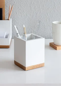 Realspace® Wood Pen Cup, 4-1/2"H x 3-1/2"W x 3-1/2"D, White/Natural