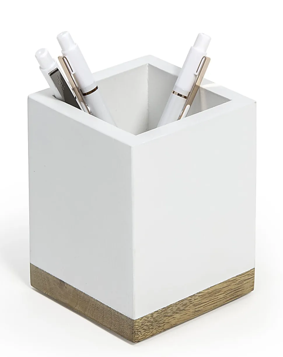 Realspace® Wood Pen Cup, 4-1/2"H x 3-1/2"W x 3-1/2"D, White/Natural