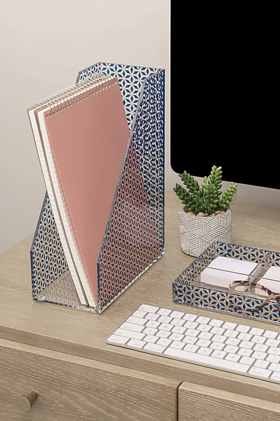 Realspace® Zora Acrylic Magazine File Holder, 11-5/8"H x 4"W x 9-1/4"D, Clear/Blue