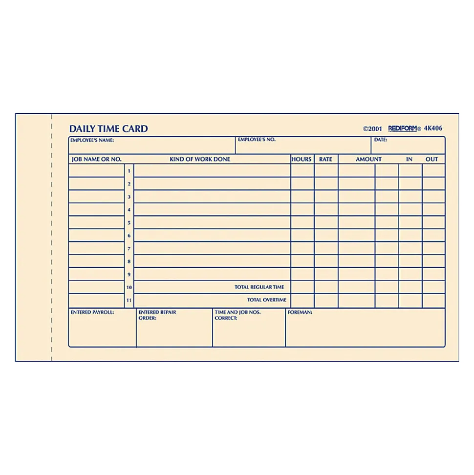 Rediform® Daily Time Clock Card Pads, For Daily Time/2-Page, 4.25" x 7", Manila, 100 Pages