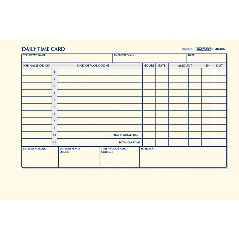 Rediform® Daily Time Clock Card Pads, For Daily Time/2-Page, 4.25" x 7", Manila, 100 Pages