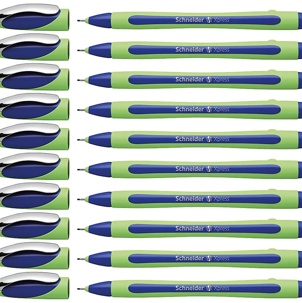 Rediform Schneider Xpress Premium Fineliner Pens, Fine Point, 0.8 mm, Blue/Green Barrel, Blue Ink, Pack Of 10 Pens