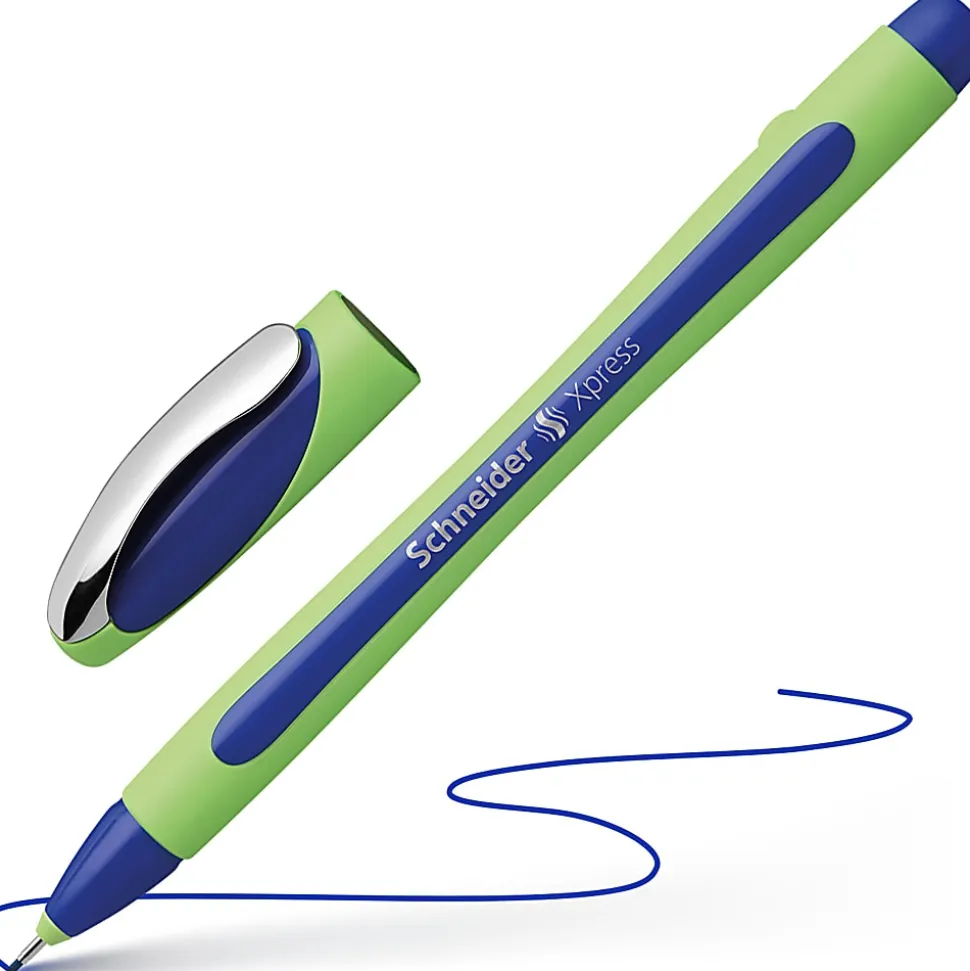 Rediform Schneider Xpress Premium Fineliner Pens, Fine Point, 0.8 mm, Blue/Green Barrel, Blue Ink, Pack Of 10 Pens