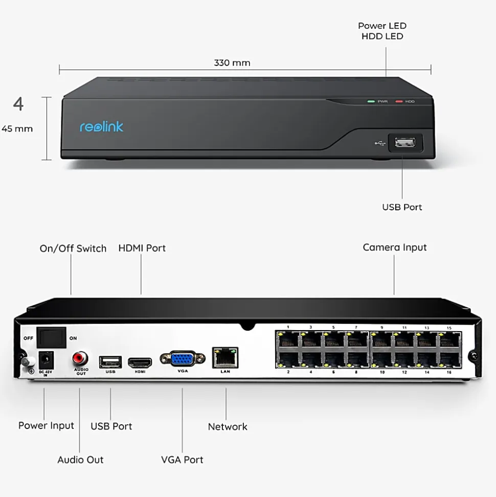 Reolink 16-channel NVR With 4TB Pre-Installed 1.77"H x 13"W x 12.4"D, Black