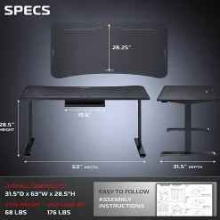RESPAWN 1063 Gaming Desk - 63in Computer Desk With Mouse Pad, PC Workstation With Cable Management, Home Office Gaming Table - Black