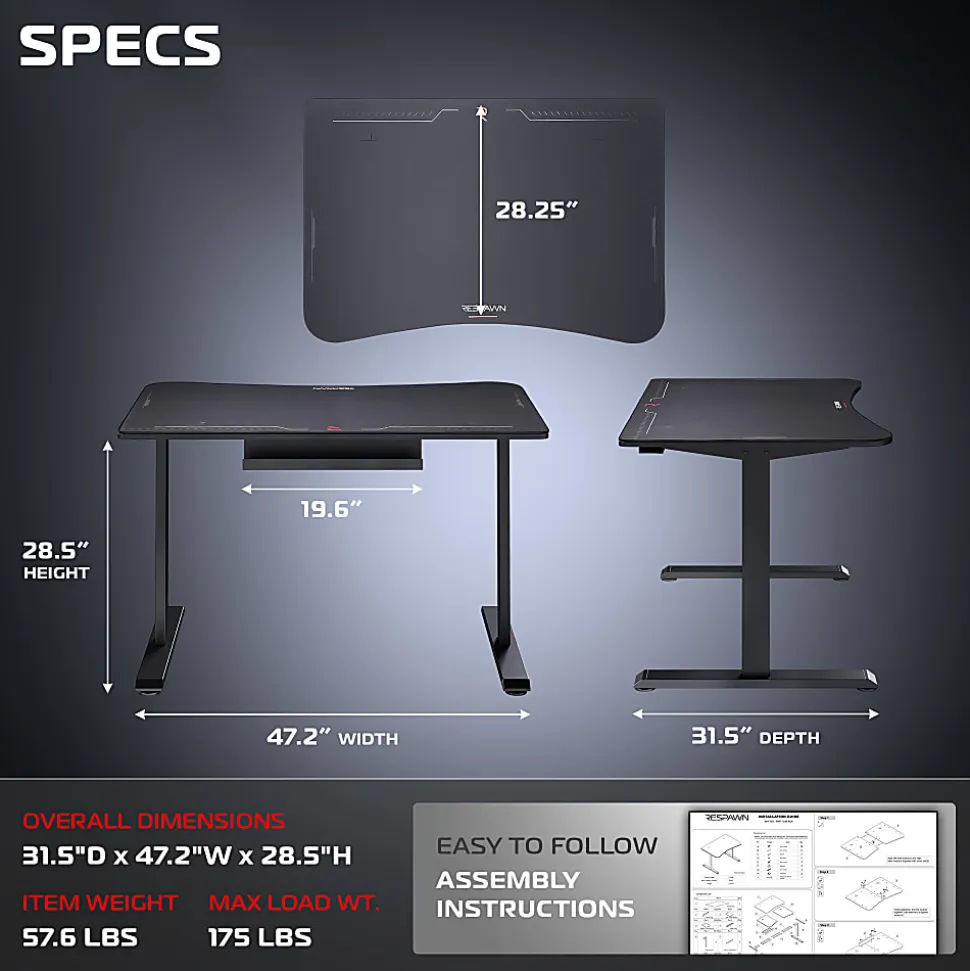 RESPAWN 1048 Gaming Desk - 48in Computer Desk With Mouse Pad, PC Workstation With Cable Management, Home Office Gaming Table - Black