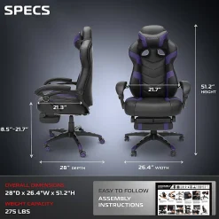 RESPAWN 110 Pro Gaming Chair, With Footrest & Headrest Pillow, Purple, RSP110V2PUR
