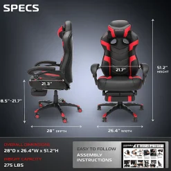 RESPAWN 110 Pro Gaming Chair, With Footrest & Headrest Pillow, Red, RSP110V2RED