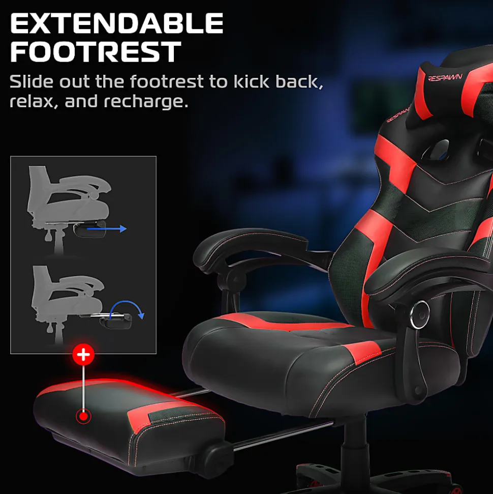 RESPAWN 110 Pro Gaming Chair, With Footrest & Headrest Pillow, Red, RSP110V2RED