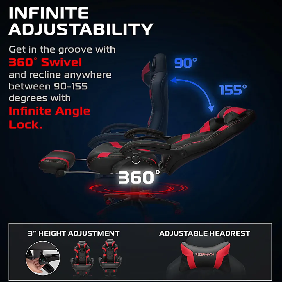 RESPAWN 110 Pro Gaming Chair, With Footrest & Headrest Pillow, Red, RSP110V2RED