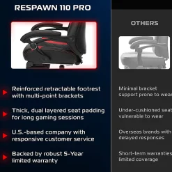 RESPAWN 110 Pro Gaming Chair, With Footrest & Headrest Pillow, Red, RSP110V2RED