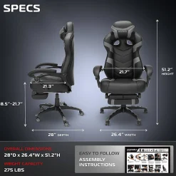 RESPAWN 110 Pro Gaming Chair, With Footrest & Headrest Pillow, Grey, RSP110V2GRY