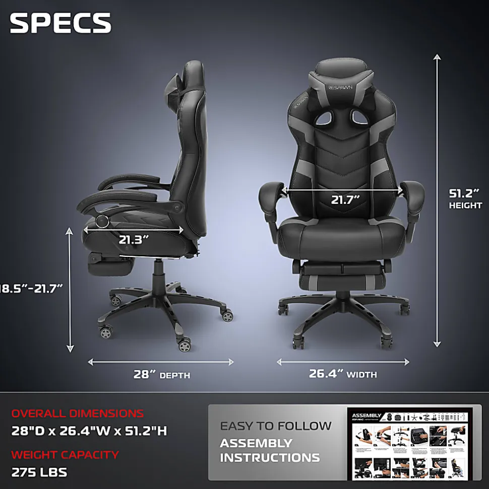 RESPAWN 110 Pro Gaming Chair, With Footrest & Headrest Pillow, Grey, RSP110V2GRY