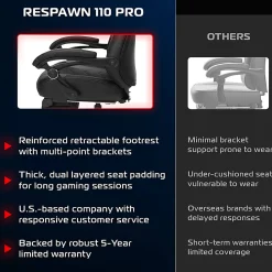 RESPAWN 110 Pro Gaming Chair, With Footrest & Headrest Pillow, Grey, RSP110V2GRY