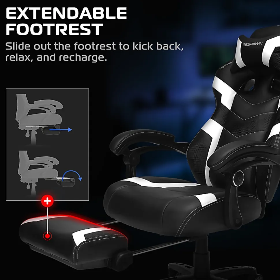 RESPAWN 110 Pro Gaming Chair, With Footrest & Headrest Pillow, White, RSP110V2WHT