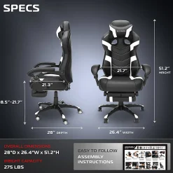 RESPAWN 110 Pro Gaming Chair, With Footrest & Headrest Pillow, White, RSP110V2WHT