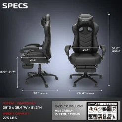 RESPAWN 110 Pro Gaming Chair, With Footrest & Headrest Pillow, Black, RSP110V2BLK