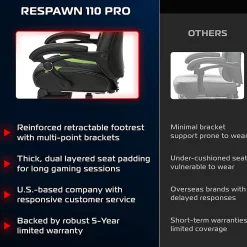 RESPAWN 110 Pro Gaming Chair, With Footrest & Headrest Pillow, Green, RSP110V2GRN