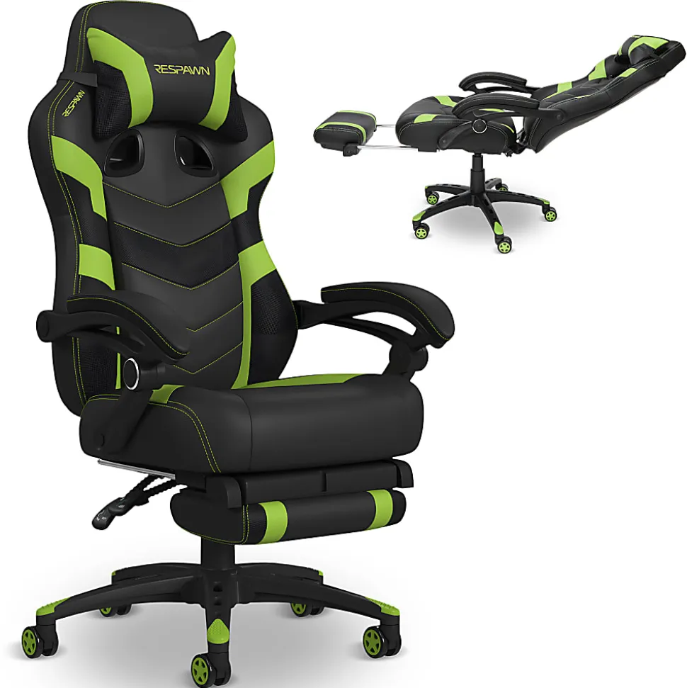 RESPAWN 110 Pro Gaming Chair, With Footrest & Headrest Pillow, Green, RSP110V2GRN