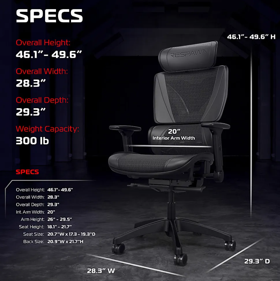 RESPAWN SPECTER Ergonomic Mesh Office Chair, Black, RSPSGMB05BLK