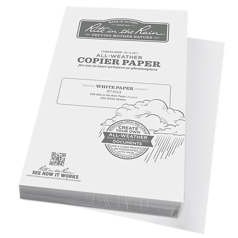 Rite in the Rain® All-Weather Multi-Use Printer & Copy Paper, White, Legal (8.5" x 14"), 200 Sheets Per Pack, 20 Lb, 84 Brightness